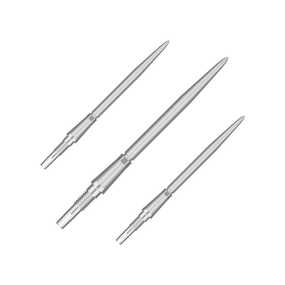 Das Bild zeigt drei silberne Dartspitzen, die nebeneinander angeordnet sind. Sie haben eine feine Riffelung und sind aus Metall gefertigt.